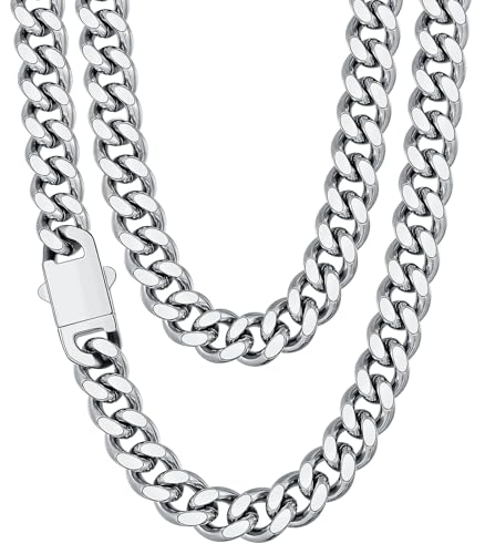 Fiusem Silver Tone/Black/14K Gold Plated Chain Necklace for Men, 5mm/6mm/7.5mm/8mm/9mm Stainless Steel Cuban Link Chain Necklace, Men's Chains 18-28 Inch Jewelry Gifts - size: 24", style: 9mm silver