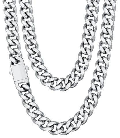 Fiusem Silver Tone/Black/14K Gold Plated Chain Necklace for Men, 5mm/6mm/7.5mm/8mm/9mm Stainless Steel Cuban Link Chain Necklace, Men's Chains 18-28 Inch Jewelry Gifts - size: 24", style: 9mm silver