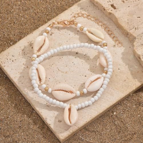 INENIMARTJ Puka Shell Anklets Bracelet for Women Colorful Shell Beaded Anklet Summer Ocean Hawaiian Beach Foot Jewelry Mermaid Seashell Anklets Jewelry for Women - color: white