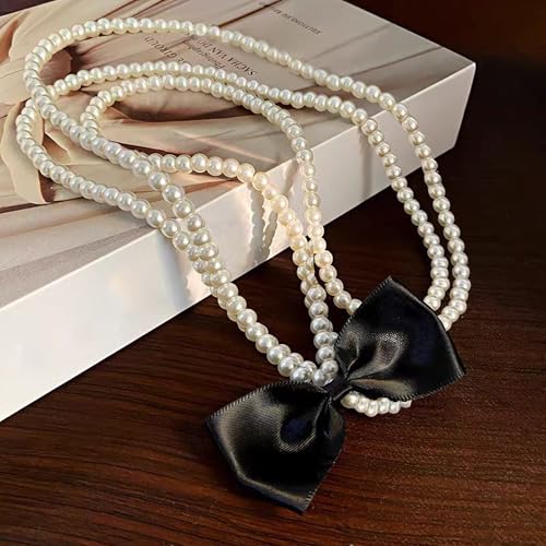 Long Pearl Necklace for Women 59" Faux White Pearls Necklaces Black Bow Pearl Beads Necklace 1920s Statement Bride Wedding Jewelry Gifts - color: Black Bow Pearl Necklace