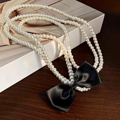 Long Pearl Necklace for Women 59" Faux White Pearls Necklaces Black Bow Pearl Beads Necklace 1920s Statement Bride Wedding Jewelry Gifts - color: Black Bow Pearl Necklace