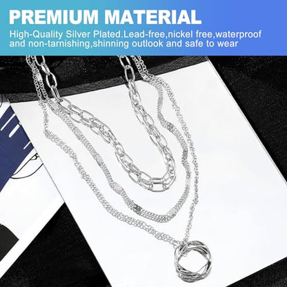 CoguZed Layered Silver Plated Necklaces for Women, Trendy Triple Strand Stackable Choker with Twisted Circle Pendant, Chain Fashion Jewelry Gift