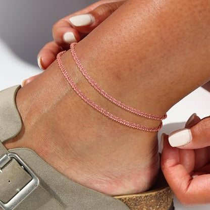 Robaice Ankle Bracelets for Women, 14K Gold Plated/Silver Layered Anklets | Waterproof Adjustable Anklet for Women, Summer Beach Anklet, Glitter Jewelry for Women Gifts - color: Rose Gold