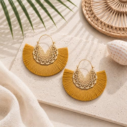 Tassel Hoop Earring Statement Thread Dangle Earrings Stylish Long Fringe Drop Earrings Lightweight Long Swingy French Hook Earrings for Women - color: A Khaki
