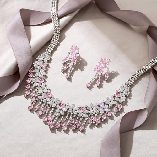 EVER FAITH Bridal Jewelry for Bride Bridesmaid, Elegant Cubic Zirconia Birthstone Cluster Flower Teardrop Wedding Party Necklace Dangle Earrings Sets for Women - color: Pink