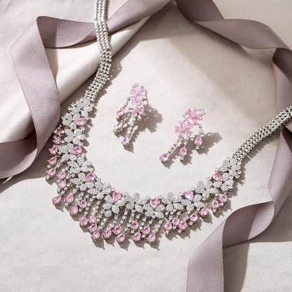 EVER FAITH Bridal Jewelry for Bride Bridesmaid, Elegant Cubic Zirconia Birthstone Cluster Flower Teardrop Wedding Party Necklace Dangle Earrings Sets for Women - color: Pink