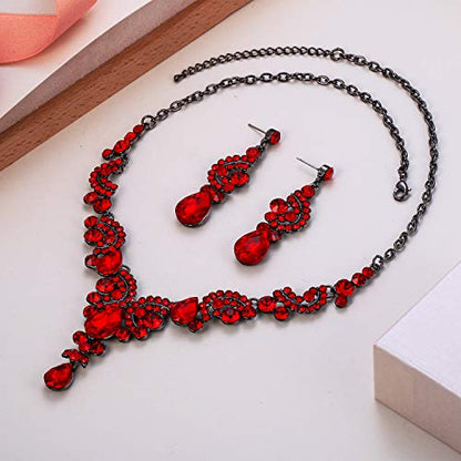 EVER FAITH Rhinestone Crystal Bridal Floral Wave Teardrop Necklace Earrings Set - color: 2pcs_Red Black-Tone