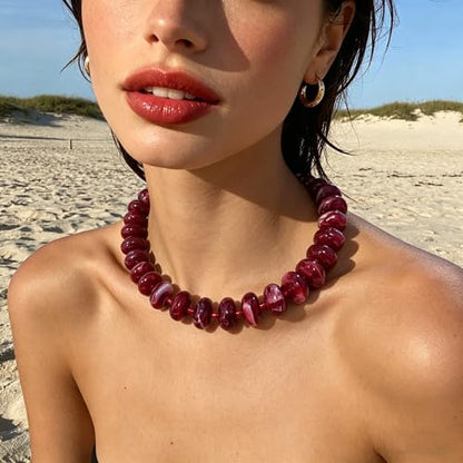 Beaded Necklace for Women Statement Chunky Necklace Boho Bead Choker Acrylic Big Bead Necklaces Summer Beach Jewelry for Women - color: Red