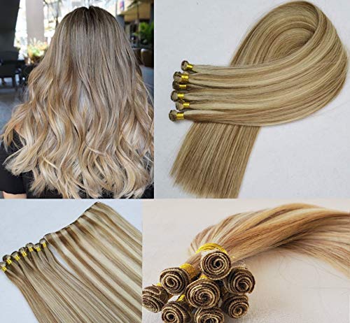 18" Hand-Tied Weft Hair, 8 Bundles, 100 grams, Soft Silky Straight,100% Human Remy Weft Hair Extensions #18/613 Dark Blonde mixed with Platinum Blonde