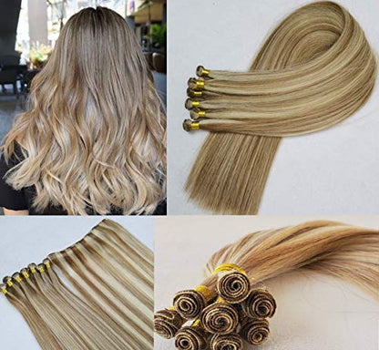 18" Hand-Tied Weft Hair, 8 Bundles, 100 grams, Soft Silky Straight,100% Human Remy Weft Hair Extensions #18/613 Dark Blonde mixed with Platinum Blonde