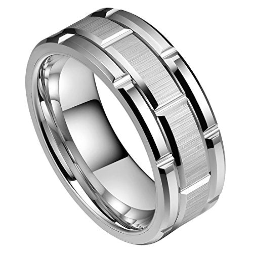 King Will Classic Mens 、Tungsten Carbide Rings Brick Pattern Groove Center | Silver/Black/Gold/Rose Gold, 8mm, Grooved, Comfort Fit, Brick pattern, Everyday Wear - color: A-Silver
