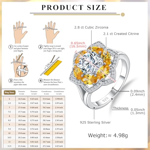 Flower Cocktail Ring for Women Stone Engagement Anniversary Rings | Sterling Silve|Hypoallergenic|Ruby|Sapphire|Emerald|Wedding and Birthday Party Women Statement Ring|Mother and Grandma Gift - color: Citrine (Nov.)