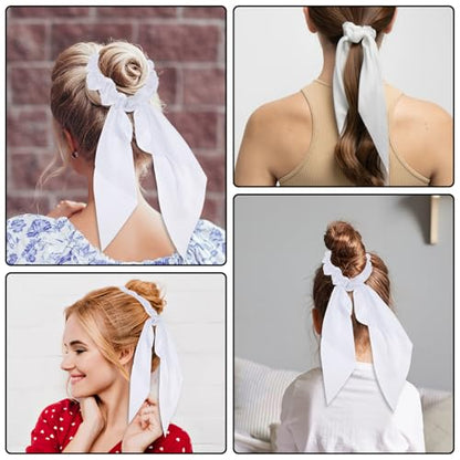 Mabor 2 Pcs Knotted Bow Satin Hair Scrunchie Hair Tie with Bow Hair Scarf with Tail Hair Scrunchies Elastic Hair Scarf Ponytail Holder for Women and Girls,White