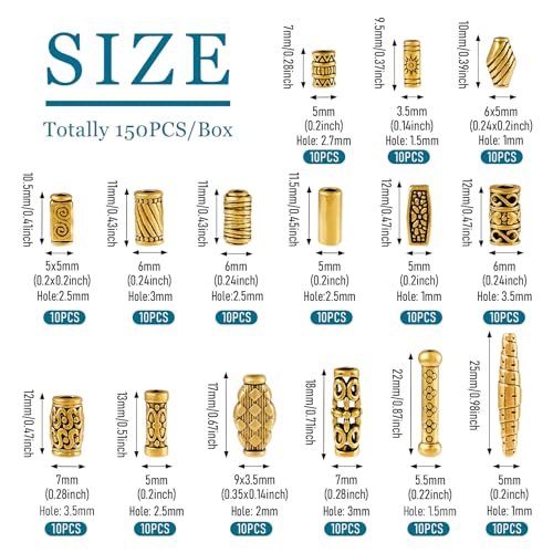 Craftdady 150Pcs Antique Gold Tube Bar Spacer Beads Tibetan Metal Column Barrel Drum Beads for Jewelry Crafts Making Hole:1-3.5mm - color: Antique Gold, Tube,150pcs