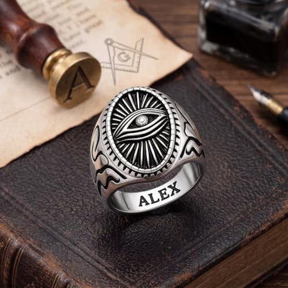 Dacc & Aya Custom Engraved Vintage Signet Ring 925 Sterling Silver Black Oxidized Personalized Statement Jewelry for Men - style: E-Evil Eye