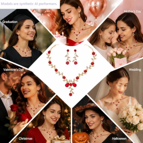 Kamirola Women's Wedding Jewelry Leaf Cluster Flower Crystal Dangle Earrings Pendant Necklace Set for BridalCrystal Bridal Jewelry Set - color: Gold Red