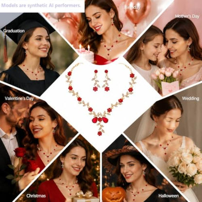 Kamirola Women's Wedding Jewelry Leaf Cluster Flower Crystal Dangle Earrings Pendant Necklace Set for BridalCrystal Bridal Jewelry Set - color: Gold Red