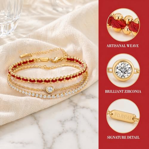 14K Gold Plated Bracelets for Women 2 Pcs Set - Red String & Cubic Zirconia Tennis Bracelet, Layered Stackable Adjustable Wristbands, Hypoallergenic Handmade Jewelry Gifts for Mom Wife Her - color: red string