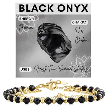 Farfume Crystal Beaded Bracelets for Women 4mm Natural Stone Jewelry Gifts | Natural Beads Gemstone,Handmade,Helper Tool,Yoga Protection,Hypoallergenic,Durability Wear - color: Black Onyx-Strength & Focus