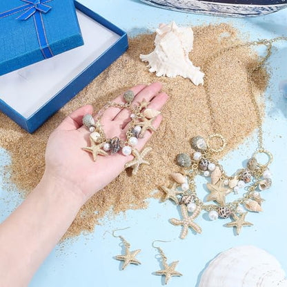 PH PandaHall Mermaid Jewelry Accessories for Women, Gold Starfish Necklace Bracelet Boho Seashell Jewelries Ocean Beach Bib Statement Necklace Earrings for Summer Cosplay Holiday - color: Gold Bracelet & Necklace & Earrrings + Gift Box