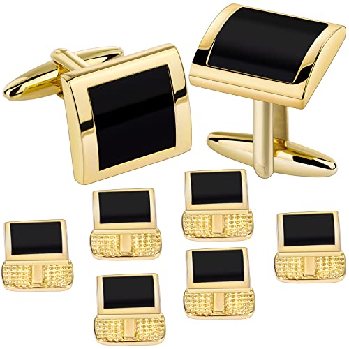 HAWSON Cufflinks and Studs for Men with Gift Box, Gold or Silver Tone Cuff Links, Mens Jewelry or Accessories for Wedding Business Anniversary Birthday - color: Gold +Black Enamel