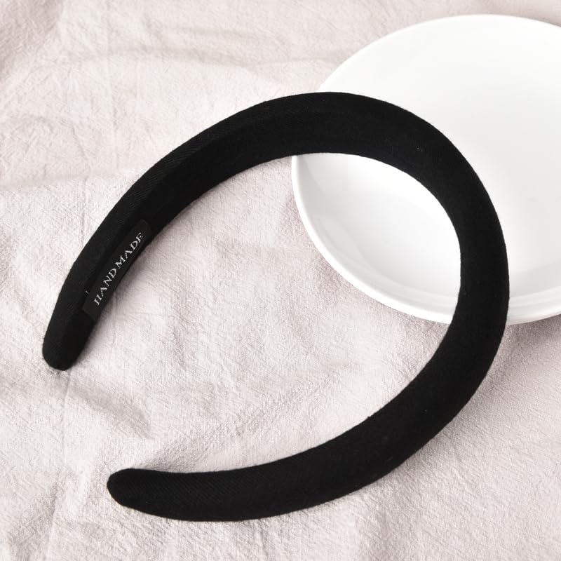 Black Padded Headband for Women - Wide, Simple, Soft Satin Hair Hoop for Girls and Teens, No Teeth Thick Head Accessory - color: Black