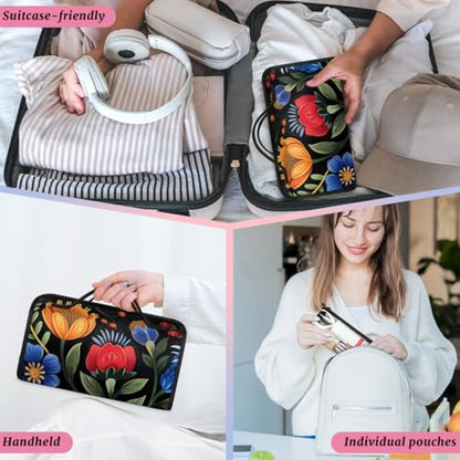 Boho Flower Hanging Roll Up Cosmetic Bag with 4 Removable Storage Bags Waterproof Foldable Toiletry Kit for Women - color: Multicolor 19
