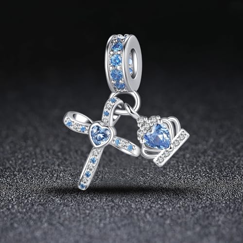 Silver Cross Birthstones Charm Fit for Pandora Charms Bracelet Crown Dangle Charms Beads Birthday Jewelry Gifts for Women - style: March