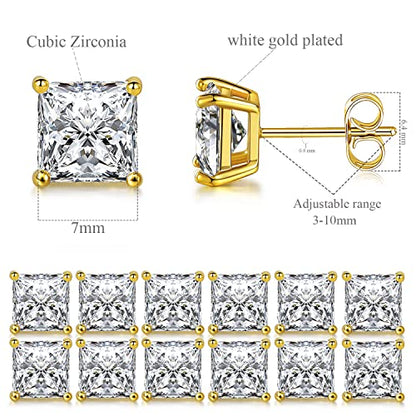 Stud Earring Set for Women Men 18K Yellow/White Gold Plated Princess Cut 4 Prong Graduated Square Clear Cubic Zirconia Pakc of 6 Pairs 3-7mm - color: Yellow gold-7mm-6 pairs