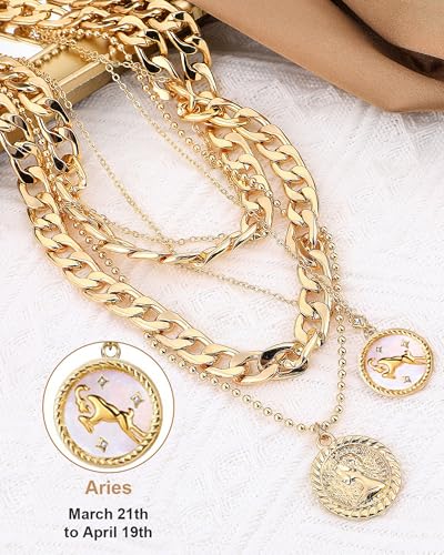 MJartoria Layered Necklaces for Women Trendy Retro Coin Pendant | Dainty Chunky Chain, Choker Necklaces, Jewelry Birthday Gifts - color: Golden, style: Zodiac-Aries-3PCS Layered