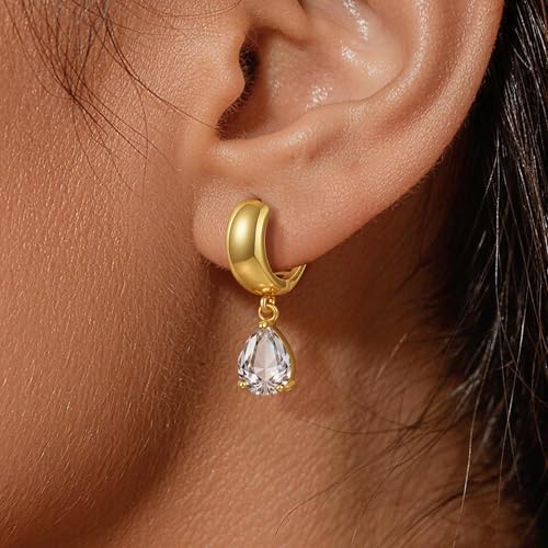 Gold Huggie Dangle Earrings for Women Chunky Hoop Huggies Cubic Zirconia Drop Earring Diamond Crystal Charm Statement Teardrop Earrings Jewelry Gifts - color: Gold-Teardrop