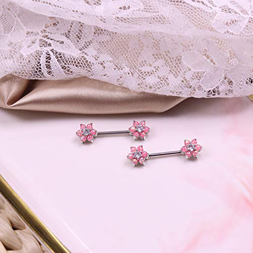 14G Opal Flower CZ Nipple Barbell Nipple Ring Piercing Jewelry for Women - color: pink