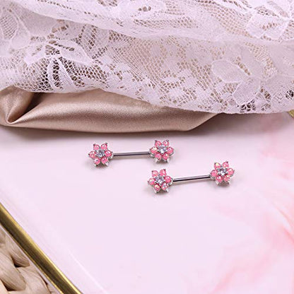 14G Opal Flower CZ Nipple Barbell Nipple Ring Piercing Jewelry for Women - color: pink