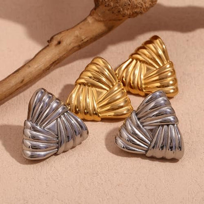 Geometric Ribbon Stud Earrings for Women, 14K Gold Plated Stainless Steel Hypoallergenic Chunky Statement Geometric Dangle Drop Earrings, Striped Stud Earrings - color: Gold