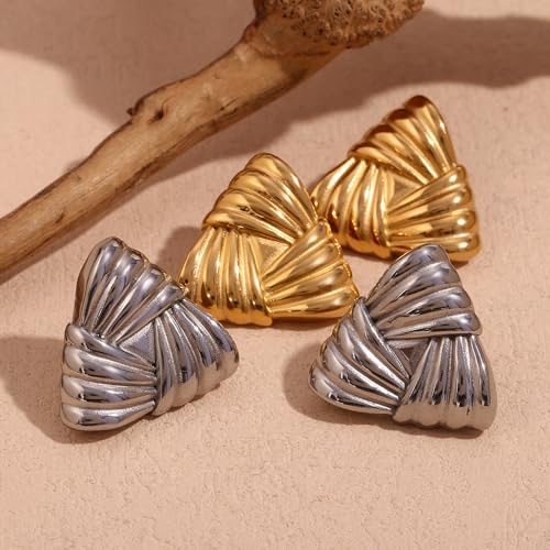 Geometric Ribbon Stud Earrings for Women, 14K Gold Plated Stainless Steel Hypoallergenic Chunky Statement Geometric Dangle Drop Earrings, Striped Stud Earrings - color: Silver