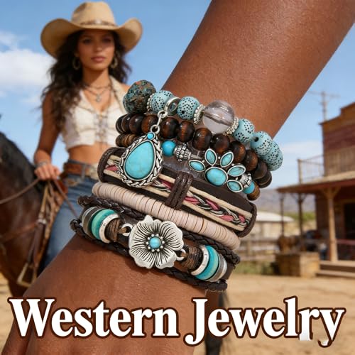 Western Outfits for Women Turquoise Western Bracelets Bohemian Vintage Stackable Beaded Leather Bracelets Adjustable Hand-woven Layered Bracelet Western Country Concert Jewelry for Women - style: Turquoise Flower