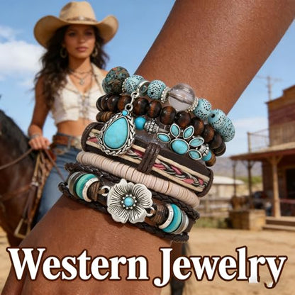 Western Outfits for Women Turquoise Western Bracelets Bohemian Vintage Stackable Beaded Leather Bracelets Adjustable Hand-woven Layered Bracelet Western Country Concert Jewelry for Women - style: Turquoise Flower