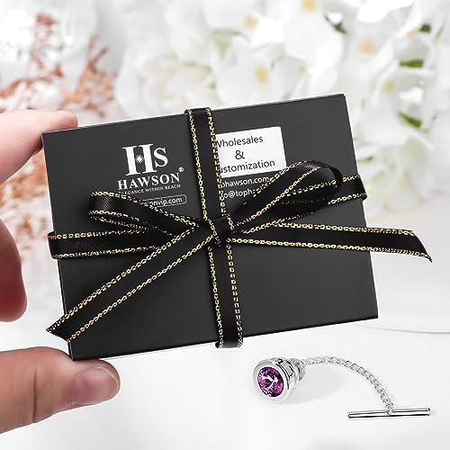 HAWSON Mens Tie Tack with Chain Round Crystal Wedding Business Accessories - color: Silver + Amethyst
