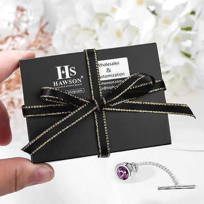 HAWSON Mens Tie Tack with Chain Round Crystal Wedding Business Accessories - color: Silver + Amethyst