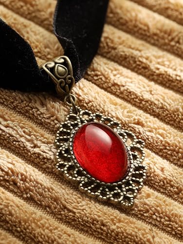 Red Velvet Victorian Choker, Black Choker, Gothic Goth Vintage Necklace | Zinc Alloy, Glass, Velvet, 12.6 in & 4.3 in extender chain, Gothic Vintage Steampunk Jewelry, Halloween Costumes Jewelry