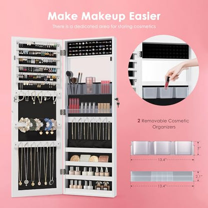 PEALSN Full Length Mirror Jewelry Organizers and Storage Cabinet, Wall or Door Mounted, Necklace Ring Earring, and Makeup Storage Lockable Gift Armoire, White.