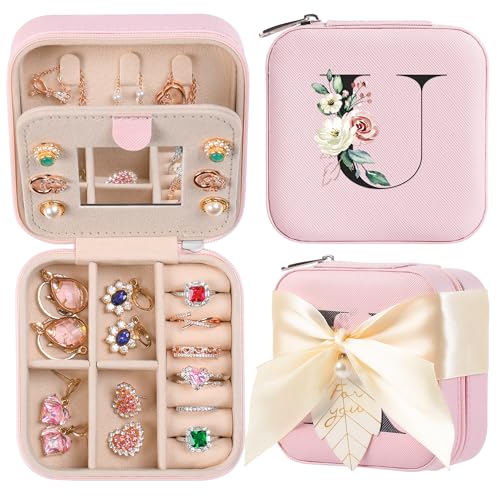 AYGXU Travel Jewelry Box for Women and Girls - Small Case With Initial A-Z - Teacher Gifts - color: pink, size: U