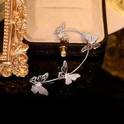 BETHYNAS Glitter Rhinestone Butterfly Flower Ear Cuff Sparkly Non-Pierced Crystal Tassel Fake Earrings Climber Lady Ear Wrap Bridal Party Ear Jewelry for Women and Girls - color: Silver Hollow Butterfly