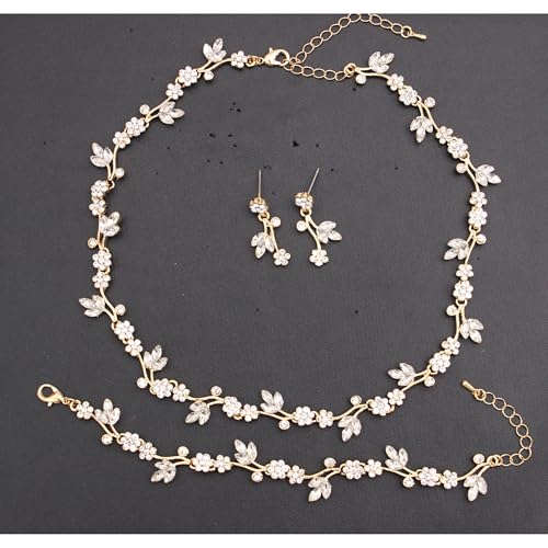 Brides Bridesmaid Flower Leaf Choker Necklace Dangle Earrings Link Bracelet Austrian Crystal Wedding Jewelry Set for Prom Costume Party Accessories for Woman - color: Crystal-Gold Plated