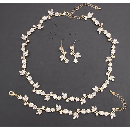 Brides Bridesmaid Flower Leaf Choker Necklace Dangle Earrings Link Bracelet Austrian Crystal Wedding Jewelry Set for Prom Costume Party Accessories for Woman - color: Crystal-Gold Plated