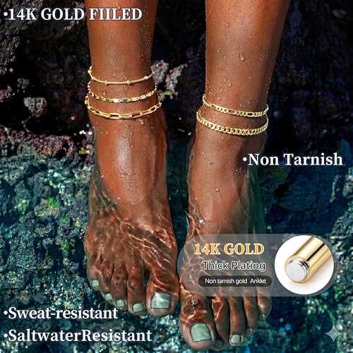 Gokeey Ankle Bracelets for Women Waterproof, 14k Gold Plated Jewelry Set Layered Cuban Figaro Link Chain Anklets Set Gold Anklets Summer Boho Beach Jewelry Gift Adjustable Size - color: Gold