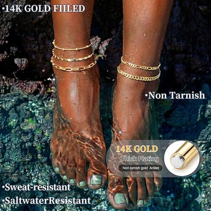 Gokeey Ankle Bracelets for Women Waterproof, 14k Gold Plated Jewelry Set Layered Cuban Figaro Link Chain Anklets Set Gold Anklets Summer Boho Beach Jewelry Gift Adjustable Size - color: Gold