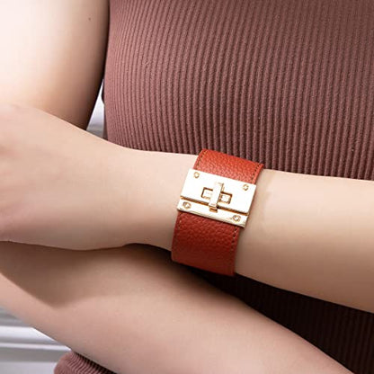 Rantanto Leather Wrap Bracelets For Women Gold Twist Lock Buckle Wrist Cuff | PU leather,Skin-friendly,Boho Stackable Wristband,Fashion Daily Jewelry,Trend Casual Party Bangle,Fit For Birthday, Holiday - color: Wide Brown