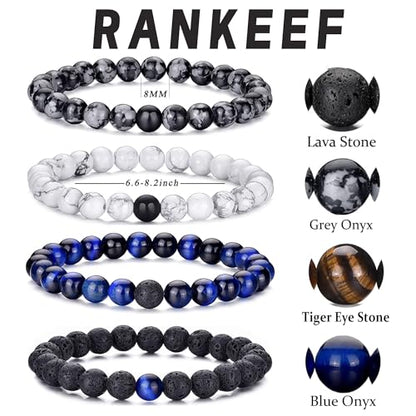 Mens Beaded Bracelets Set 8MM Tiger Eye Lava Stone Stretch Natural Stone Men's Bead Bracelet Mens Bracelet - color: 4,white,blue