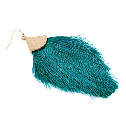 Bohemian Thread Tassel Drop Earrings - Geometric Petal Fan Fringe Feather Statement Chandelier Duster Dangles - color: Classic Tassel Chandelier - Teal